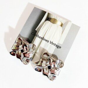 Vintage Silver Folded Bow Clip On Earrings